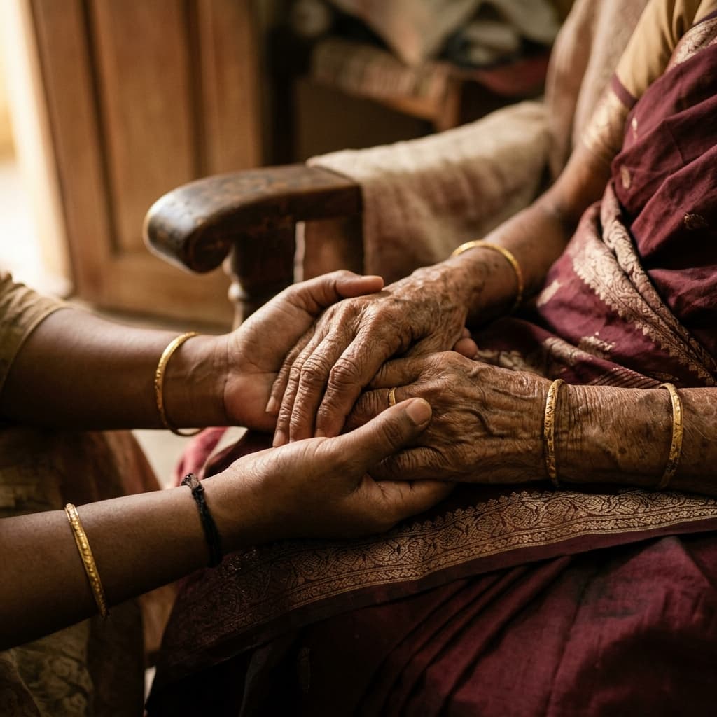 A caregiver's hands supporting an elderly patient
